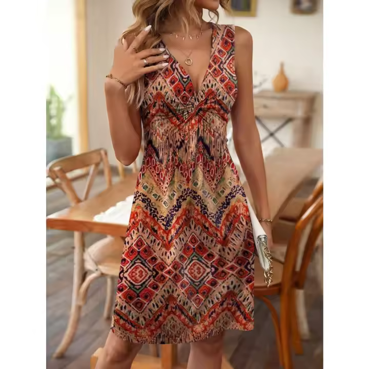 Vestido sin mangas con cuello en V, diseño elegante, pliegues en el pecho y cintura plisada 2025 - 1