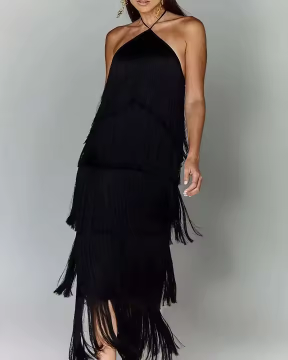Vestido con abertura y espalda descubierta con flecos y cuello a la moda para mujer - 1