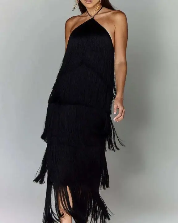 Vestido con abertura y espalda descubierta con flecos y cuello a la moda para mujer - 1