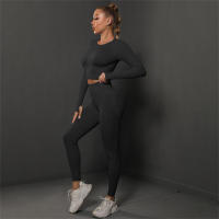 Conjuntos de gimnasio para mujeres 2 piezas manga larga ropa de yoga top cropped costilla alta leggings sin costuras material elástico para primavera/verano - details 3