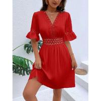 Vestido de verano para mujer, nuevo estilo, con costuras, escote en V y cintura de color liso. - details 13