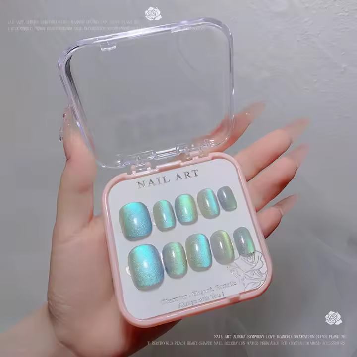 Parche de uñas postizas brillantes de cristal, Ojo de gato, diamante, prensa de uñas acrílicas, juego de uñas postizas - 1