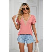BUNO-2025 Camiseta holgada de manga corta con cuello en V para mujer, Top informal de encaje de Color puro, camiseta holgada cómoda y transpirable para verano - details 14