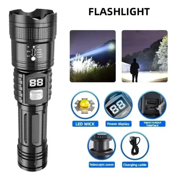 100000     Linterna LED superbrillante de largo alcance, linterna táctica para exteriores, resistente al agua, linterna para acampar - 1