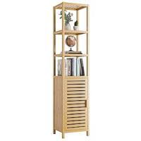 Gabinete de Piso de Baño, Organizador de Almacenamiento Lateral de Bambú con 4 Estantes Abiertos y 1 Puerta, Estante De Esquina de Torre Independiente Estrecho y Alto, Natural - details 7