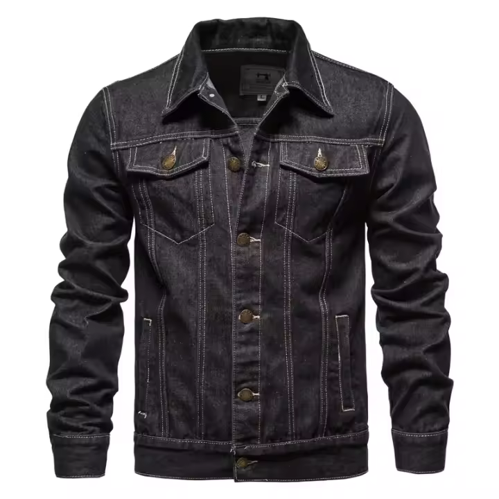 Chaquetas vaqueras lisas para hombre, chaquetas vaqueras Vintage a la moda para moto, abrigos informales de algodón ajustados en negro y azul para otoño 2024 - 1