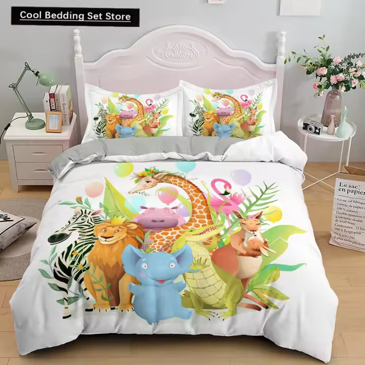 Juego de Ropa de Cama de Dibujos Animados de Jirafa Cubierta de Edredón de Animales Tropicales para Niños Material de Poliéster - 1