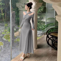 2025 nueva ropa de mujer diseño de moda versátil sentido pecho cruzado hombro abierto vestido delgado - details 17