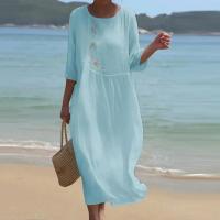 Vestido Vintage con bordado Floral para mujer, ropa de playa, manga corta, cuello redondo, algodón y lino, estilo bohemio, Verano - details 4