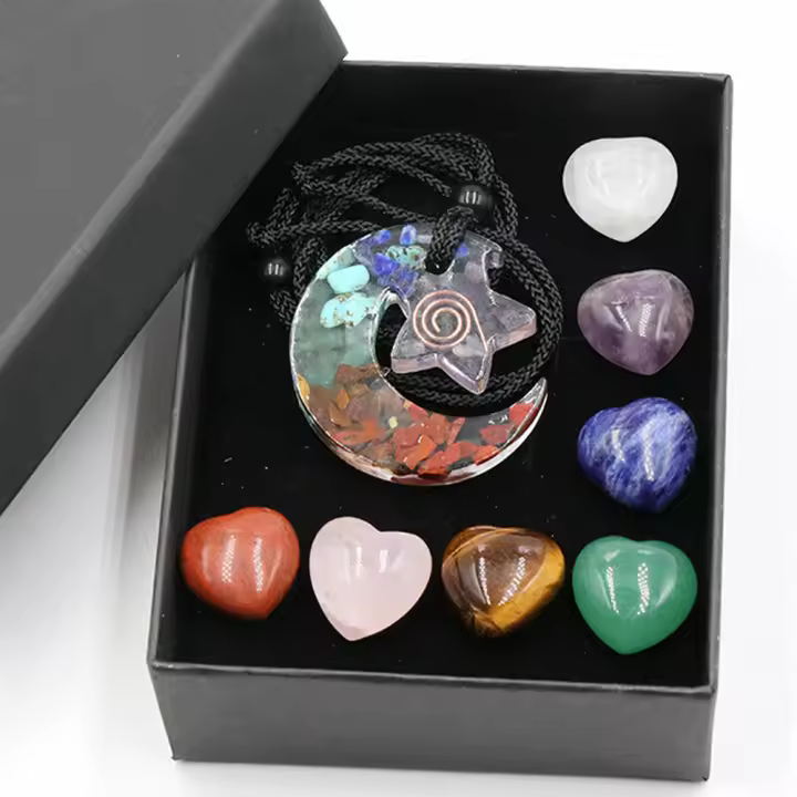 Juego de colgante de cristal Natural de 7 Chakras, Piedra en forma de corazón, grava colorida, energía, resina, luna, estrella, regalos - 1