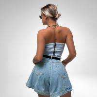 Spice girl pecho top conjunto de las mujeres de gama alta casual moda denim pecho envoltura tubo superior cintura alta suelta pantalones cortos - details 6