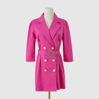 Vestido de traje informal para mujer, chaqueta de manga de tres cuartos, cuello en V, botones, Rosa S - details 8