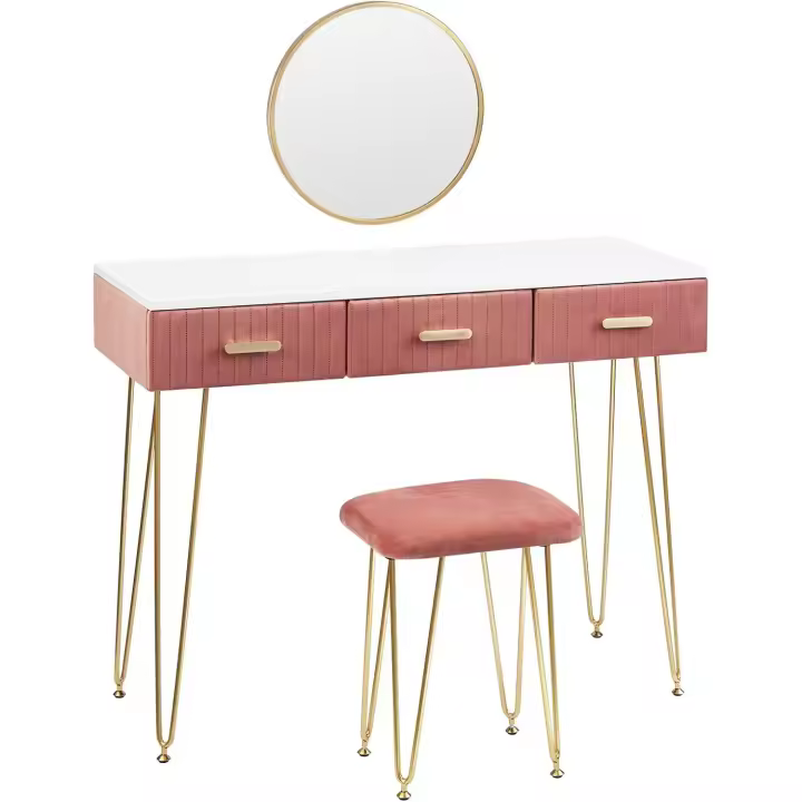 Mesa de Maquillaje Redonda con 3 Cajones Juego de Mesa Tocadora con Taburete - 1