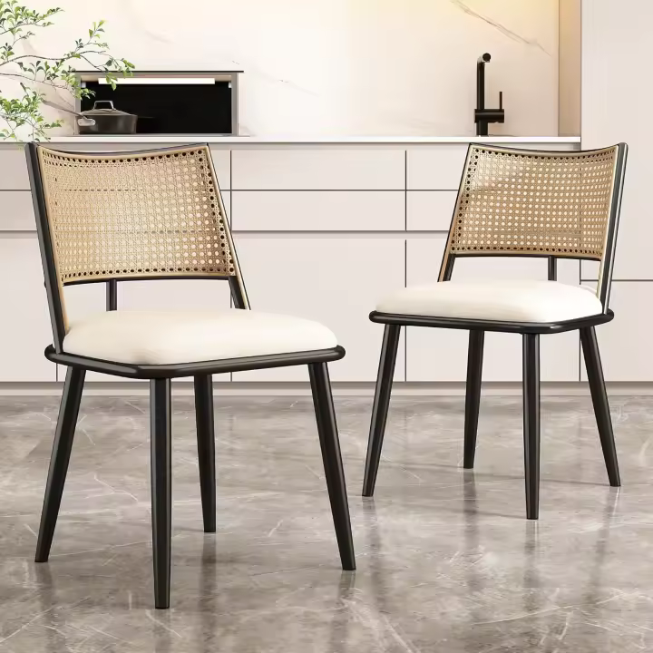 Juego de 2 sillas de comedor, sillas de cocina con asiento de poliuretano y respaldo de ratán, silla tapizada para comedor, salón y dormitorio - 1