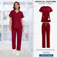 Ropa de trabajo, conjuntos de uniformes elásticos, uniforme de enfermera, uniforme médico para mujer, conjuntos de pantalones rectos de manga corta con cuello en V - details 8