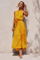 Vestido largo de mujer europea y americana 2025, nuevo vestido con cordones, estampado de lunares y cuello. - details 6