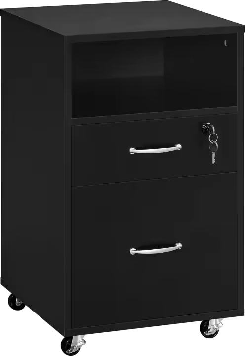 Cajonera Escritorio con Ruedas Cajonera de Oficina con 2 Cajones Archivador Móvil con Cerredura y Llave para Carta A4, Negro 40×40×65,5cm - 1