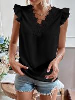 Camiseta elegante a la moda para mujer, camisa informal tejida con encaje plisado de retales de manga corta con cuello en V pequeño para mujer - details 14