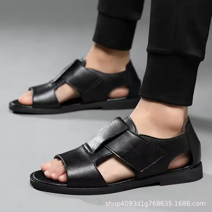 Sandalias romanas para hombre, tendencia de punta abierta, piel de vaca transpirable, zapatillas vietnamitas casuales, zapatos de playa al aire libre - 1