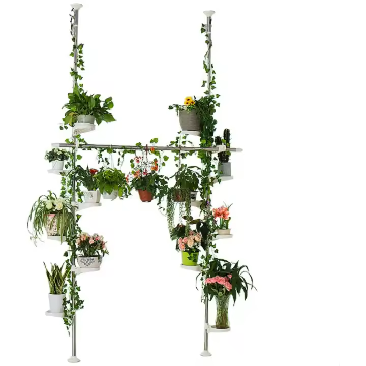 Macetas de Flores Telescópico Estante para Plantas de Metal con 12 Bandejas, 2 Ganchos y 1 Barra Telescópica Organizador de Almacenamiento para Esquina Interior Balcón Sala - 1