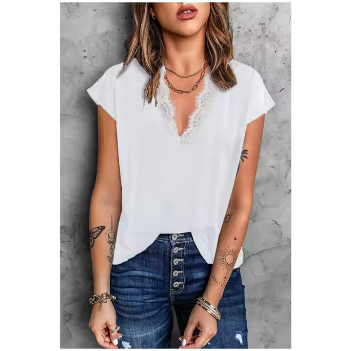 Camiseta corta de gasa con encaje y cuello en V de color sólido para mujer, verano 2025. - 1