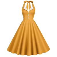 Hepburn-falda retro para mujer, color de choque, solapas, espalda abierta, cuello colgante, vestido de fiesta - details 0