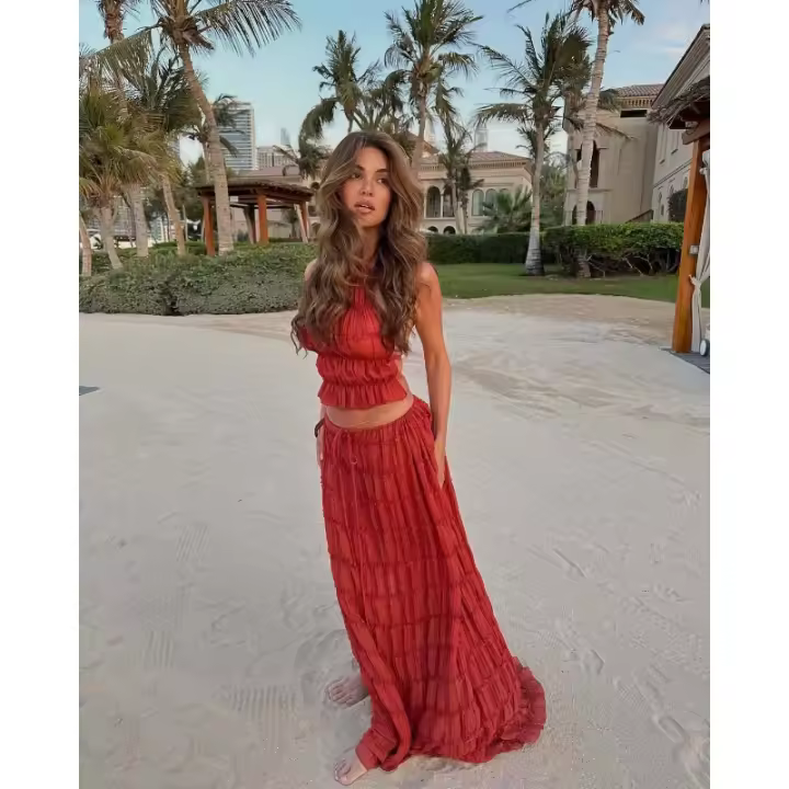 2025 Nuevo Conjunto de Vestido de Verano, Camisola, Sin Espalda, Sin Mangas, Cuello Colgante, Ajustable, Rojo - 1