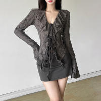 Nuevos tops para mujeres, top de encaje elegante con lazo y volantes en gasa blanca de ensueño - details 11