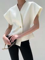 Chaleco Asimétrico para Mujer TRE Estilo Francés, Mangas Caídas, Botones de Cintura, Top sin Mangas Blanco - details 10