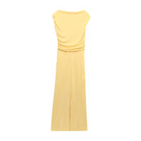 TRAFZA 2025, vestidos largos elegantes de verano para mujer, vestidos amarillos con cuello redondo y pliegues decorados con cremallera, vestido sin mangas con abertura a la moda para mujer - details 2