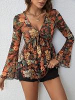 La nueva camiseta largo-sleepred de la malla fina, camiseta campana-sleepred impresa remata para las mujeres - details 0