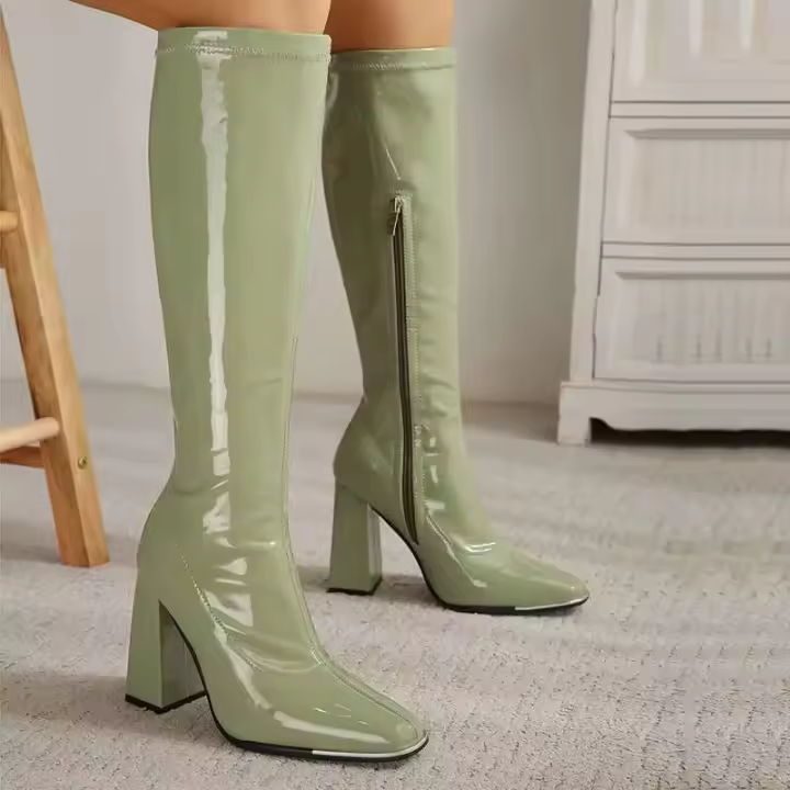 Invierno cálido y Sexy estilo de niña hasta la rodilla plataforma de piel de oveja tacón grueso vestido de noche fiesta botas de nieve largas Mujer - 1