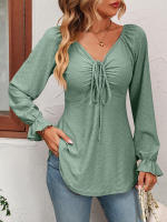 Blusa acampanada de manga larga con cuello en V para mujer, camiseta Sexy con cordón en la cintura, Tops elegantes para primavera y otoño, 2023 - details 13