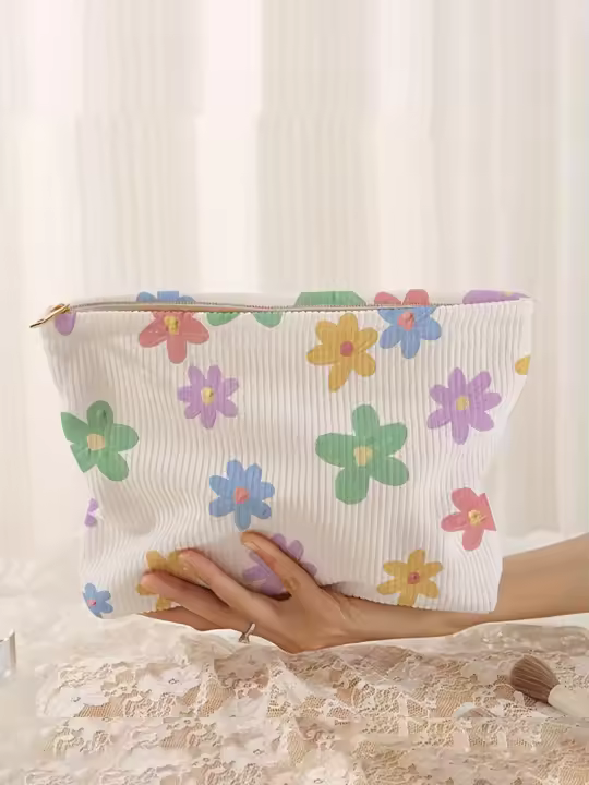 Bolsa de maquillaje multifuncional de pana con estampado floral y cierre de cremallera, ligera y portátil para almacenamiento de cosméticos. - 1
