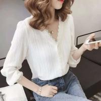 Blusa de encaje con cuello en V para mujer, diseño coreano de otoño, talla grande, manga larga, holgada, Color sólido, Tops con fondo a la moda, camisa informal - details 3