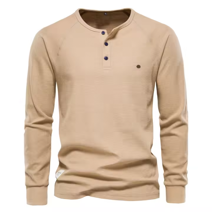 Camiseta de manga larga con cuello Henry para hombre, camisa de manga larga con diseño de gofres, color sólido, para otoño e invierno, talla europea - 1