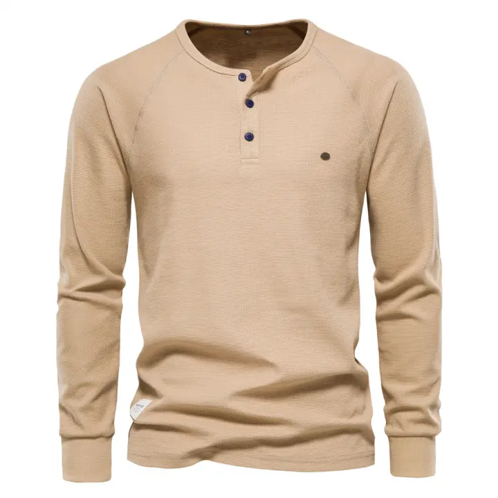 Camiseta de manga larga con cuello Henry para hombre, camisa de manga larga con diseño de gofres, color sólido, para otoño e invierno, talla europea - 1