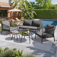 Conjunto de salón de jardín, conjunto de muebles de jardín de cuerda, conjunto de sofá moderno de exterior, cuerda gris, tablero de mesa de cristal liso, incluye todos los cojines de asiento y respaldo, muebles de salón, conjunto de balcón - details 0