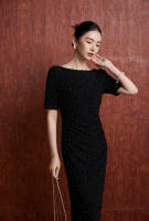 BGTEEVER-vestido ajustado a cuadros para mujer, prenda elegante de manga corta, ceñido a la cadera, con cuello oblicuo, para primavera y verano - details 5
