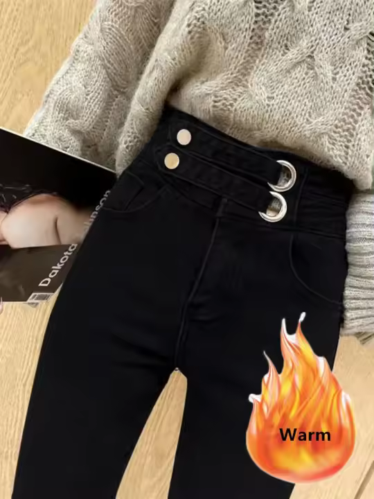 Pantalones vaqueros de terciopelo de tobillo alto Pantalones vaqueros cálidos para mujer en otoño-invierno - 1