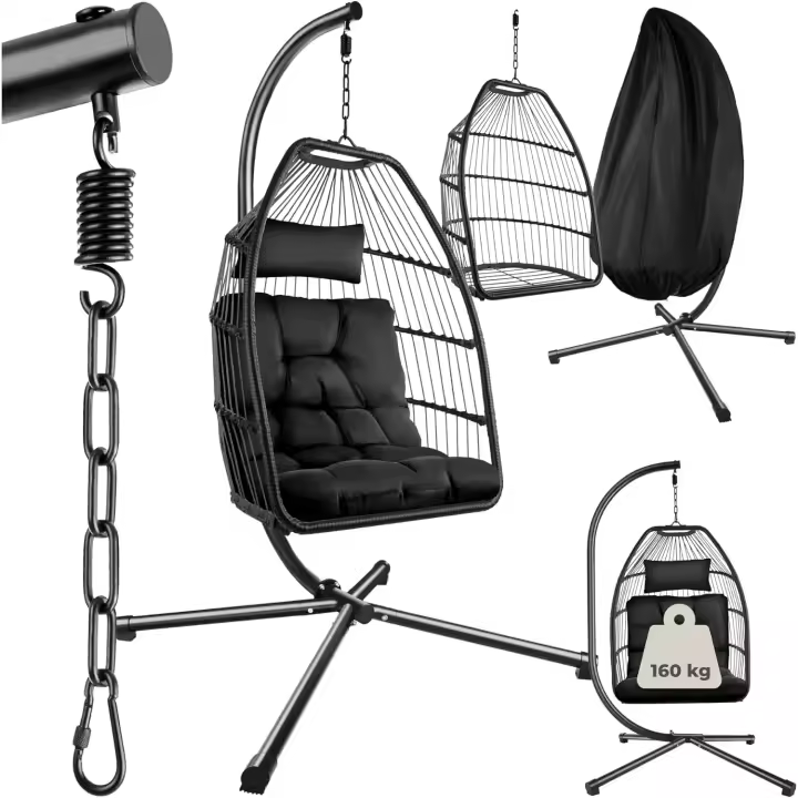 Columpio de Jardín Exterior Silla Colgante con Cojín Extragrueso Estructura de Acero y 4 Pies en Base Hamaca Colgante Interior/Exterior Plegable Capacidad 160Kg Negro - 1