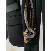 Traje de pantalón de talla grande con cuentas de diamantes para mujeres, pantalón acampanado, blazer corto con cinturón, conjunt - details 8