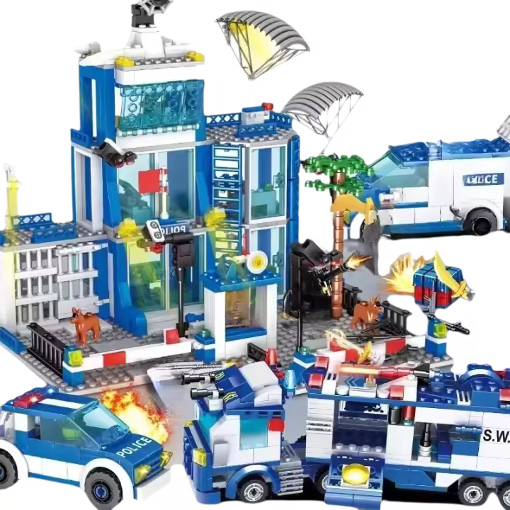 Bloques de construcción de la estación de policía de la ciudad para niños, juguete de ladrillos para armar camión SWAT, ideal pa - 1