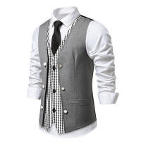Chaleco de Dos Piezas de Moda para Hombres en Otoño Cuello en V, Tela de Poliéster, Traje a Cuadros de Colorido, Estilo Británico Casual Vintage Gentleman Leisure - details 13