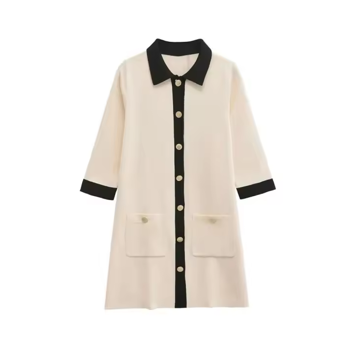 TRZA-Mini vestido de punto para mujer, bolsillos frontales, botones dorados, mangas tres cuartos, vestidos femeninos, moda elegante - 1