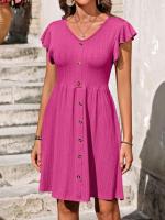 Nuevo vestido de manga corta elástico con cintura con botones y cuello en V para mujer - details 26