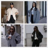 TRAFZA-abrigo liso elegante para mujer, chaqueta Bomber de manga larga con bolsillos y botones, ropa de calle informal holgada, 2023 - details 2