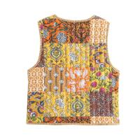 Ropa de otoño de 2024, mujer floral rosa, estampado de anacardo superior, chaleco vintage abotonado, chaleco acolchado para mujer con lazo frontal - details 4