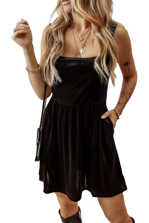 Elrachen Mini vestido de terciopelo con cuello cuadrado, sin mangas, cintura alta y bolsillos, negro, tallas S-XL - 1