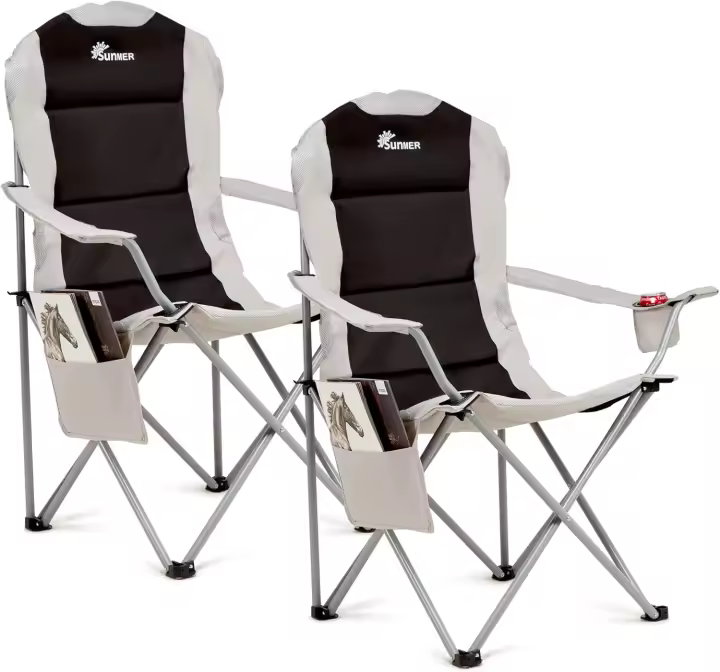 Juego de 2 sillas de Camping Acolchadas Plegables de Lujo con portavasos y Bolsillos Laterales, Capacidad hasta 120 kg, Peso Ligero de 3,3 kg por Silla, Color Negro y Gris - 1